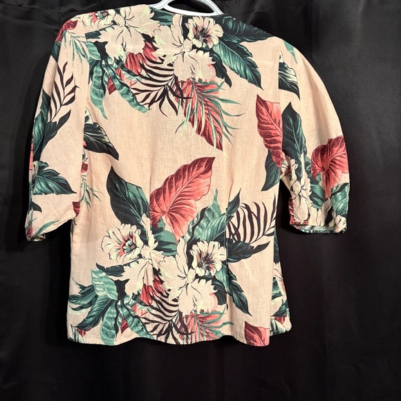 Zara Linen wrap blouse puff sleeve pink tropical print - Picture 6 of 13